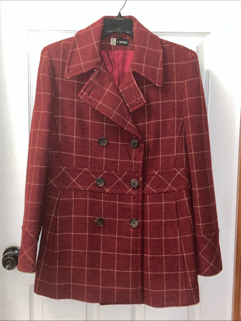 Searle Red Wool Windowpane Double-Breasted Pea Coat